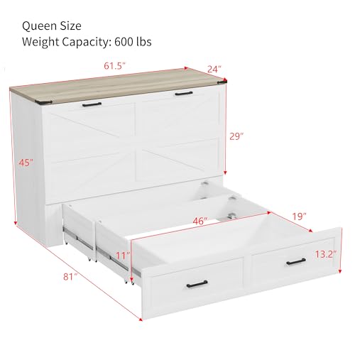 Queen Size Murphy Bed Cabinet with Charging Station, Farmhouse Murphy Bed with Large Storage Drawer, Foldable Wall Beds for Home Office, Small Room, White