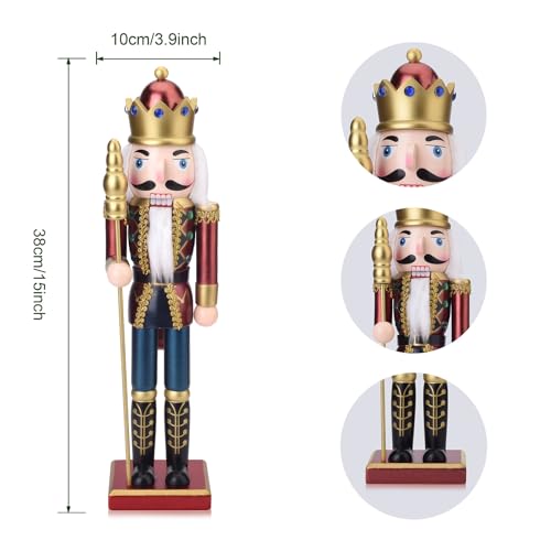 King Nutcracker Figures, 15 Inch Wooden Christmas Nutcracker with Scepter Ornaments, Nutcracker Xmas Decorations for Shelves and Tables
