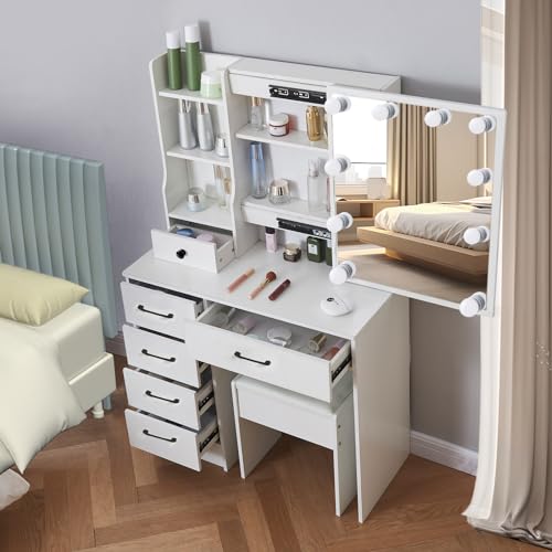 White Vanity Desk with Makeup Mirror and 10 Lights, 3 Color Mode Dimmable Sliding Lighted Mirror, 6 Large Drawers and 3 Level Storage Shelves, Bedroom Dressing Table Upholsterted Stool