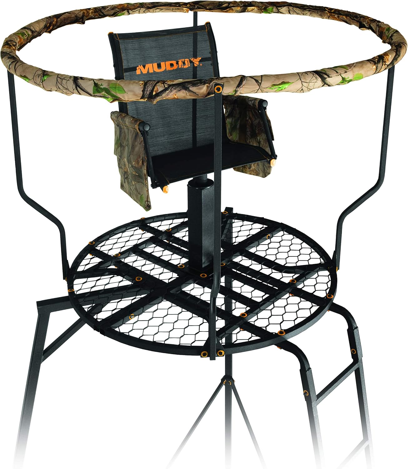 MUDDY Liberty - 16 Foot High Durable Extra-Wide Single Seater Foldable Outdoor Hunting Tripod Stand with 360-degree Flex Tek Seat & 2 Detachable Gear Bags, 300 Pound Maximum Capacity