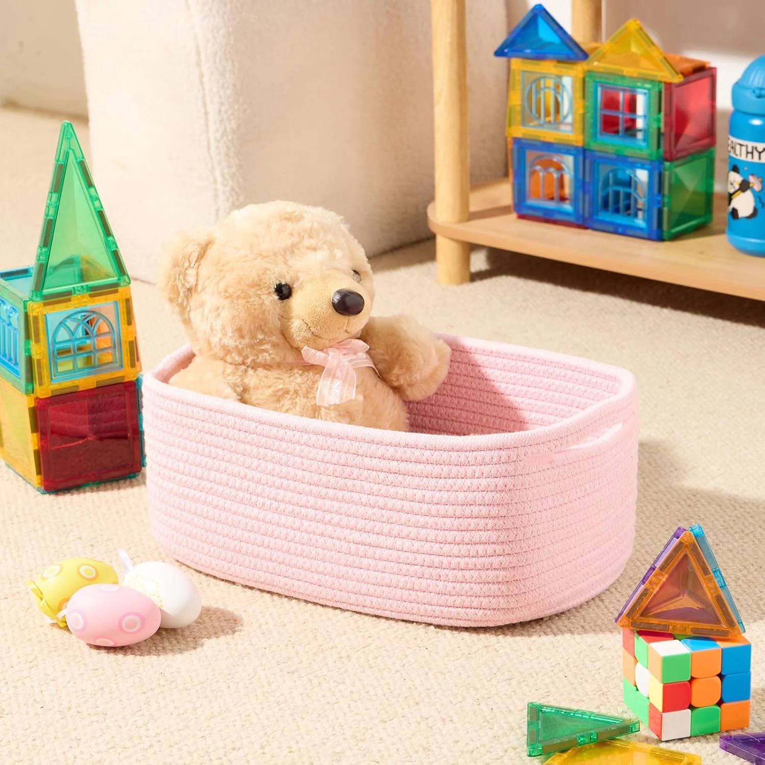 AllWays Plaza Small Storage Baskets for Organizing | Closet Organizer Bins | Shelf Toy Basket | Woven Rope Baskets | Cube Decorative Box | Shallow Basket | 13x8.5x5.1” | 3 Packs Light Pink