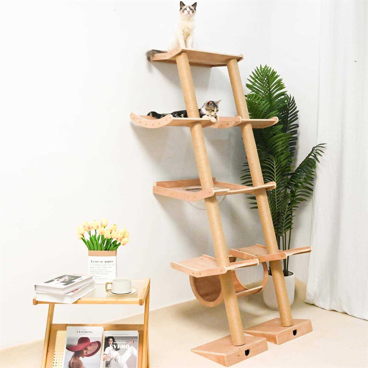 Cat Tree with Hammock Tall Wall Mounted Wood Scratching Post for Indoor Cats Climbing Activity Tower - Pet Supplies online store