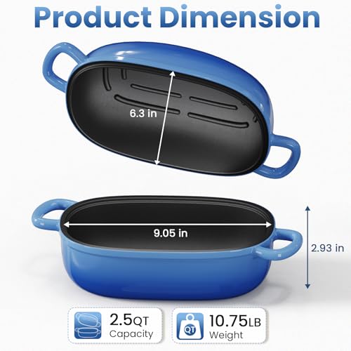 Cast Iron Dutch Bread Oven - 2.5QT Dutch Oven for Sourdough Bread Baking, Cast Iron Bread Loaf Pan with Lid, Easy Homemade Sourdough Dutch Oven, Blue Oval Bread Baking Pan, Gift for Family & Baker