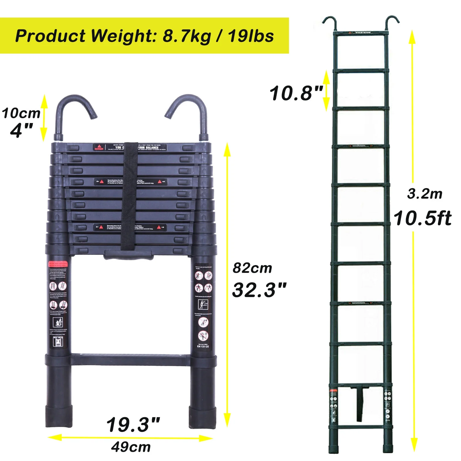 10.5ft Aluminum Extension Ladder Adjustable Height with Detachable Hooks Folding Telescoping Ladder 330LB Max Load Capacity EN131 with Anti-Slip Rubber Feet, Portable Home Office RV Ladder