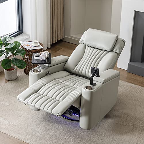 Power Swivel Rocker Recliner Chair, Modern PU Leather Lounge Chair with 360° Swivel Tray Table & Phone Holder & LED Light Strip & USB Charging Port & Cup Holders, Home Theater Single Sofa Chair, Grey