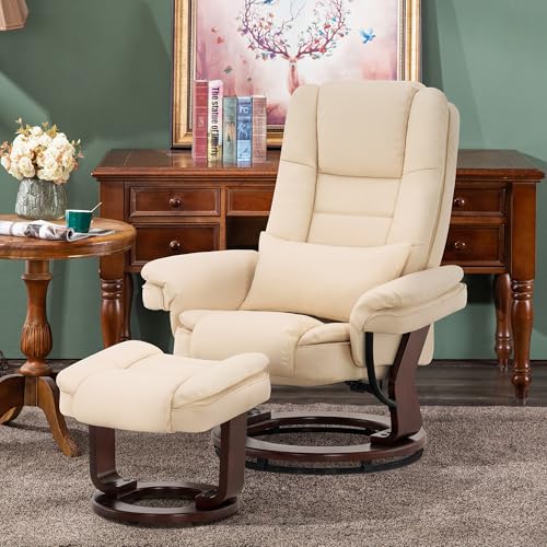 MCombo Recliner with Ottoman Chair Accent Recliner Chair with Vibration Massage, Removable Lumbar Pillow, 360 Degree Swivel Wood Base, Faux Leather 9096 (Cream White)
