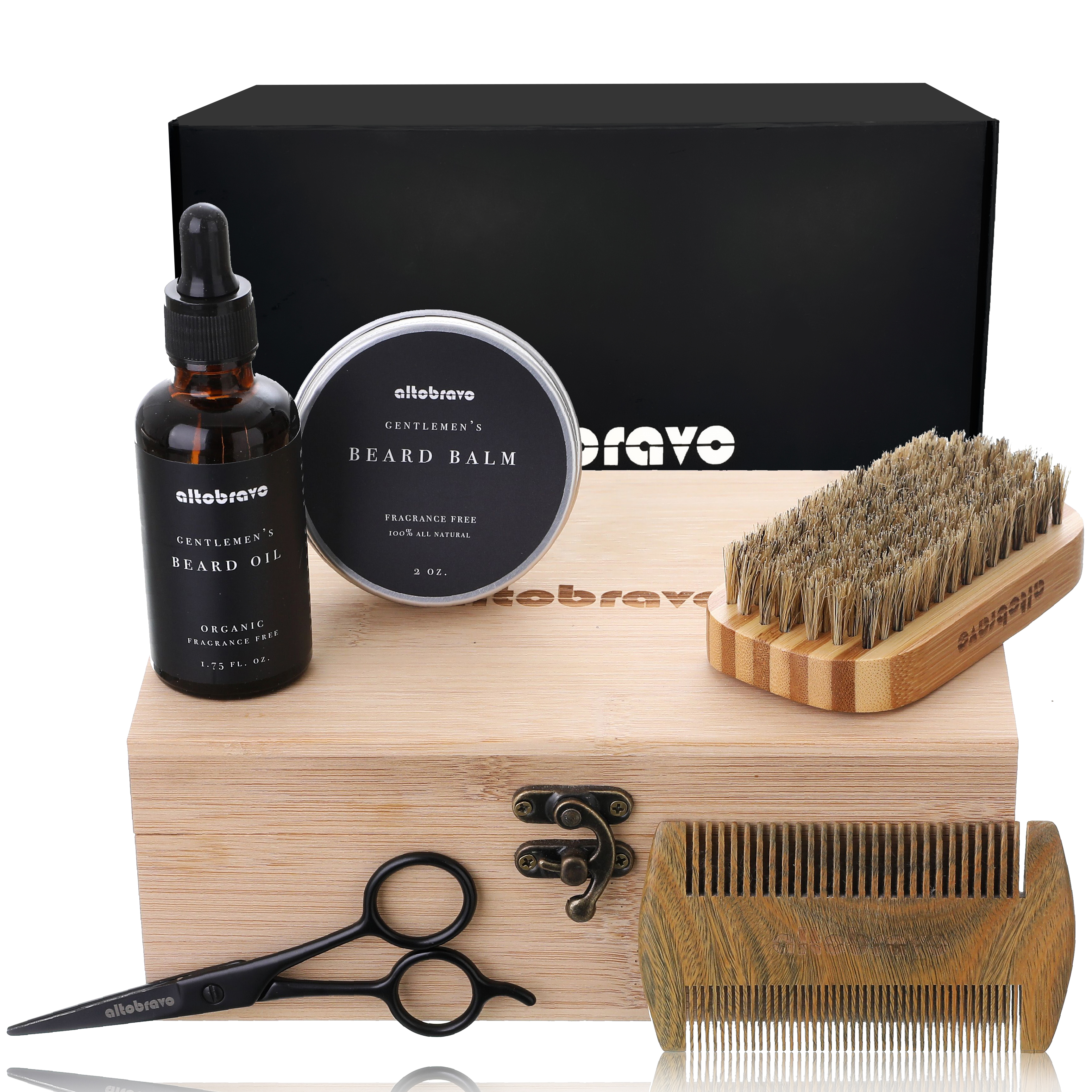 Premium Beard Kit for Men - Complete Beard Care Kit & Grooming Kit | Beard Oil, Beard Balm Leave-in Conditioner, Beard Brush, Beard Comb, Beard & Mustache Trimming Scissors  in a Bamboo Gift Box