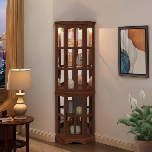 Lighted Corner Curio Cabinet Glass Display Case with 4 Adjustable Shelves, Mirrored Back Panel and 4 Tempered Doors, for Living Room Bedroom Office, 23.75