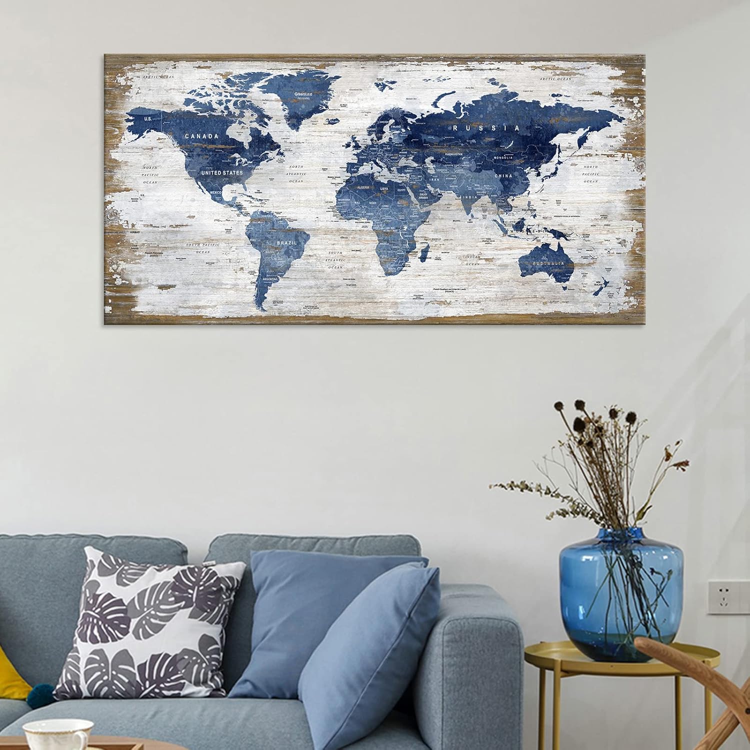 Large Vintage World Map Canvas Wall Art Dark Blue Map of The World Canvas Pictures Retro Map Canvas Artwork Prints for Office Home Living Room Bedroom Wall Decoration Framed Ready to Hang 24