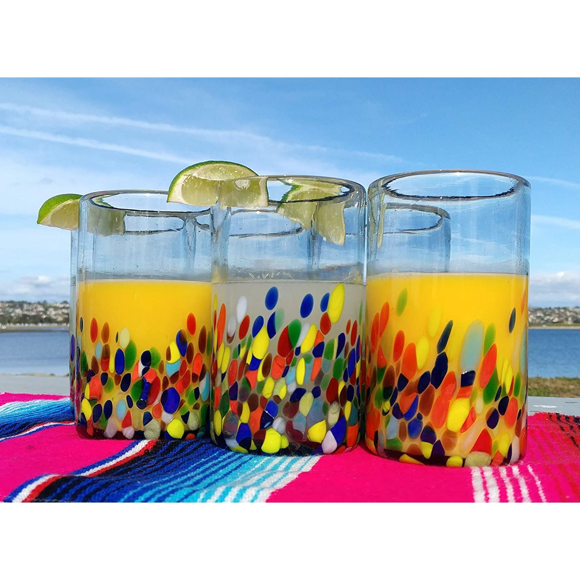 Hand Blown Mexican Drinking Glasses – Set of 6 Confetti Carmen Glasses 14 oz
