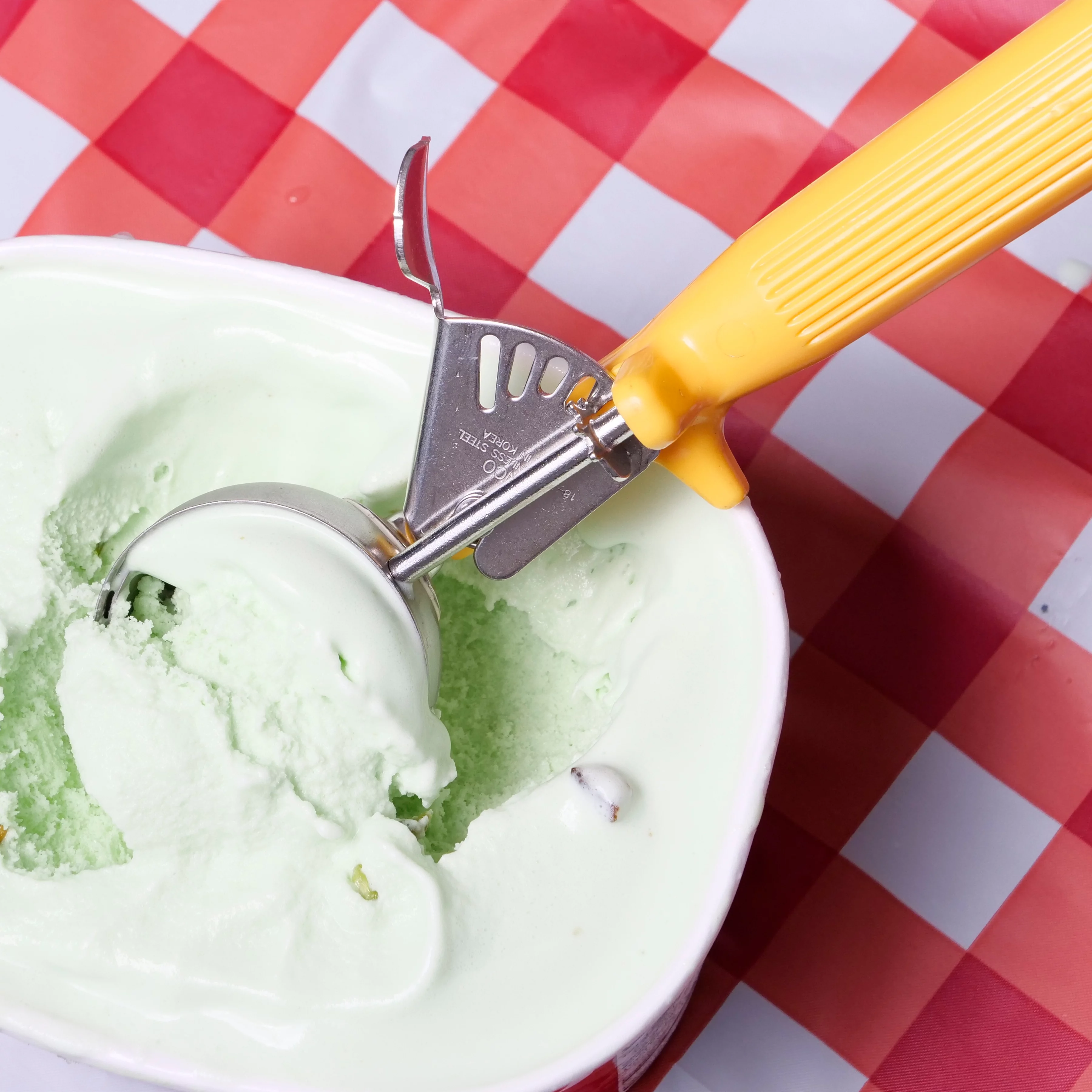 [3 Pack] Stainless Steel Ice Cream Scoop with Trigger Lever and Yellow Grip Handle - Aluminum Design Scooper for Cookie Scoop, Italian Ice, Sorbet, Cookie Dough, Gelato