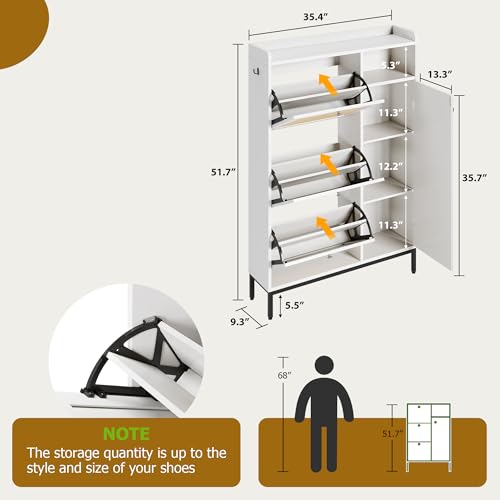 Rattan Shoe Storage Cabinet with 3 Flip Drawers, Freestanding Organizer with Adjustable Shelves for Entryway, Narrow Shoe Rack Cabinet for Hallway, Easy Assembly, Oak