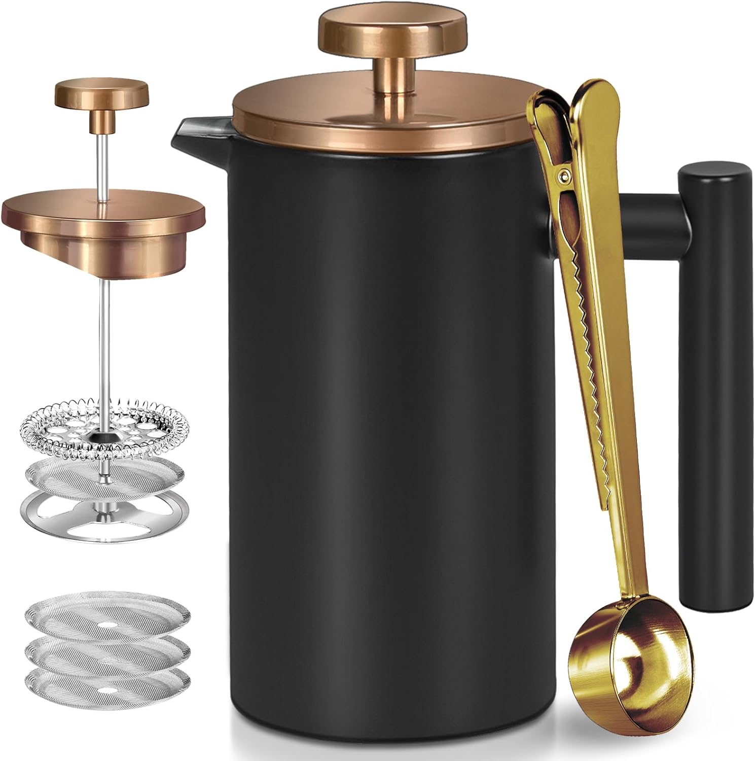 Stainless Steel French Press, 50 Ounce Double-Wall Insulated French Press, 3 Level Filtration System with 3 Extra Filter Screens, Large French Press, Black