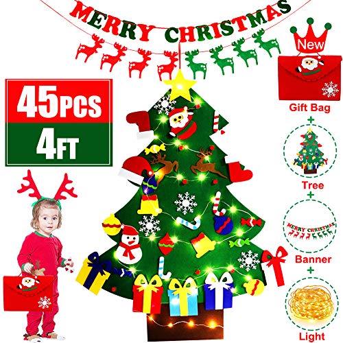 yazi 4ft DIY Felt Christmas Tree with Light for Kids Wall 45pcs Detachable Ornaments Storage Bag Banner Toddler Felt Christmas Craft Kits Wall Decor Door Hanging Xmas Gifts