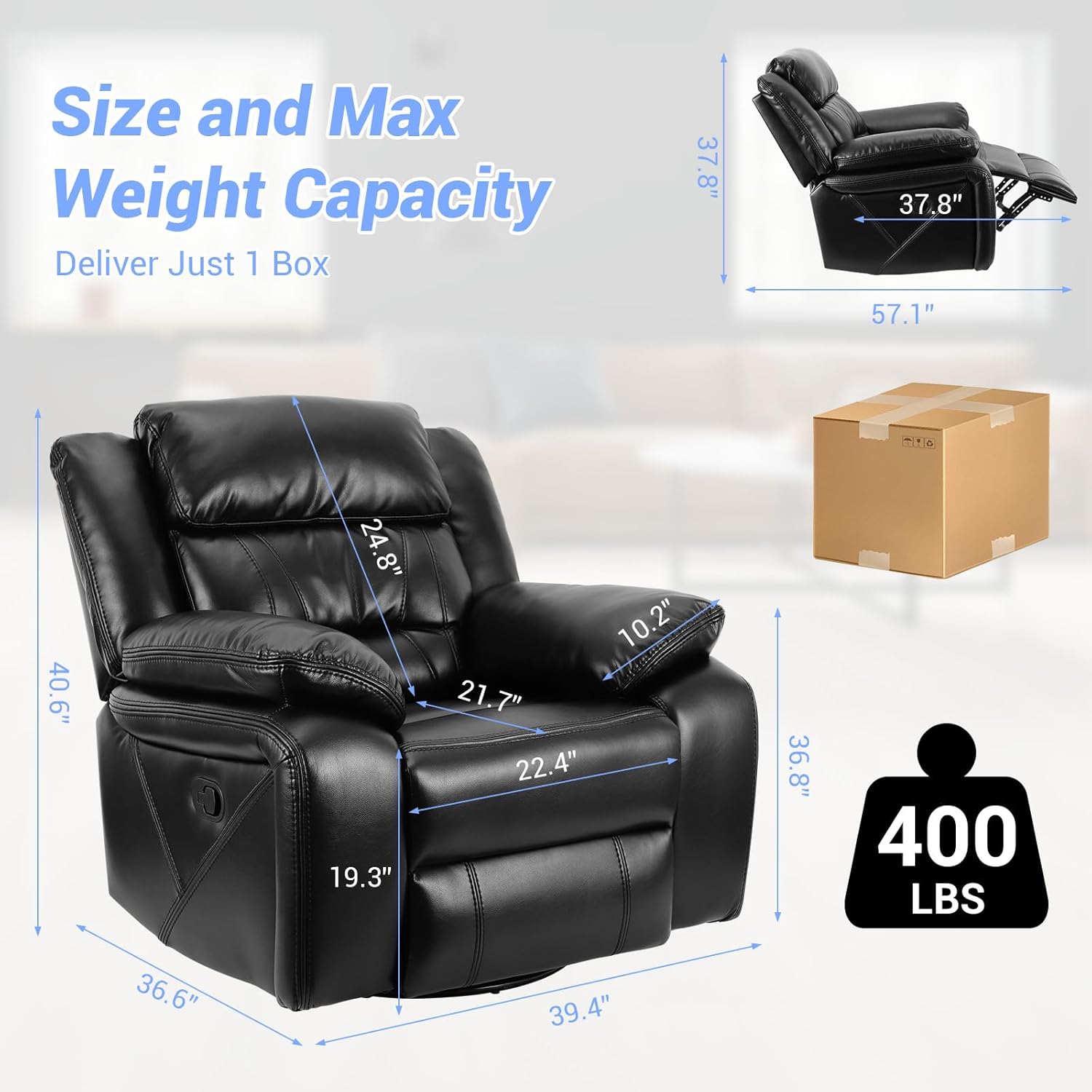 Swivel Rocker Recliner Chair, Glider Rocking Recliner Leather Lazy Boy Recliners Chair for Small Spaces, PU Faux Manual Reclining Chair for Living Room Bedroom RV Nursery Black