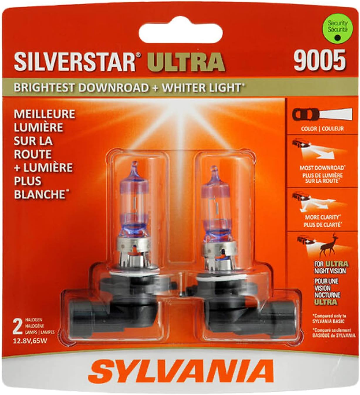 SYLVANIA - 9005 SilverStar Ultra - High Performance Halogen Headlight Bulb, High Beam, Low Beam and Fog Replacement Bulb, Brightest Downroad with Whiter Light, Tri-Band Technology (Contains 2 Bulbs) Pack of 2
