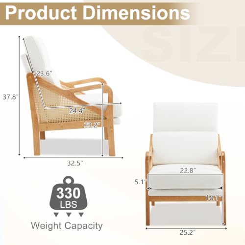 Karl home Modern Accent Chair, Mid-Century Woven Rattan Chairs with Upholstered Lounge Armchair with Oak Wood Frame & Soft Cushion for Living Room, Bedroom, Reading Room (White)