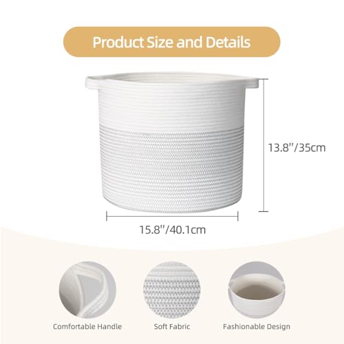 Cotton Rope Basket, Round Woven Baskets for Storage, Blanket Basket Living Room, Storage Basket with Handles for Book, Clothes for Organizing, 15.8”x15.8”x13.8”, White & Grey