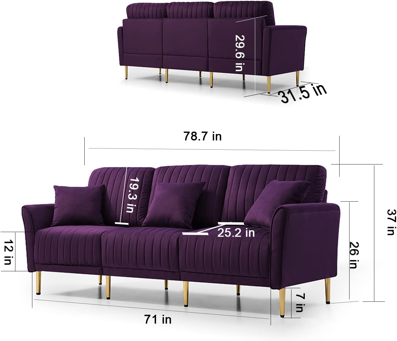 Ghislaine 3-Piece Sectional Sofa Set, Modern Velvet Upholstered Sofa Couch with Sturdy Metel Legs for Living Room, Apartment, 3-Seater Sofa + 2 Piece Loveseat Sofa, Purple