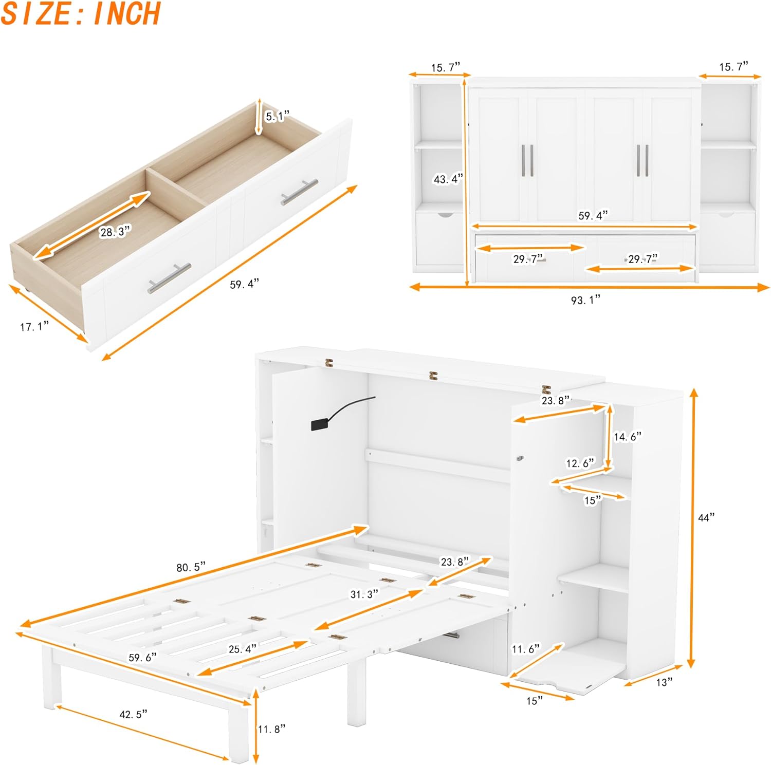 Queen Size Multifunctional Murphy Bed,Space Saving Bed Frame with Shelves,Drawers and USB Ports,White