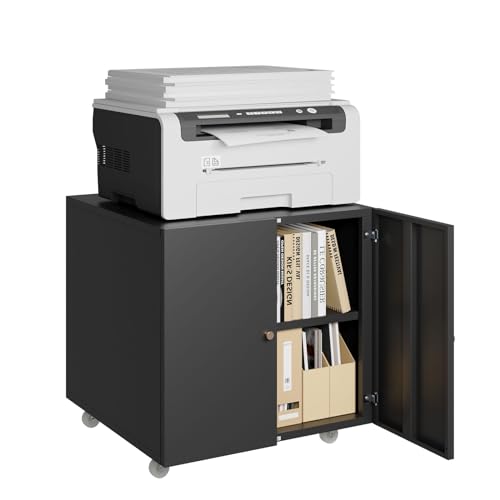 Mobile Mobile Printer Stand with Storage, Lateral Filing Cabinet with Adjustable Shelf, Under Desk Black Small Rolling Printer Table Work Cart with Wheels Organizer Spaces for Office
