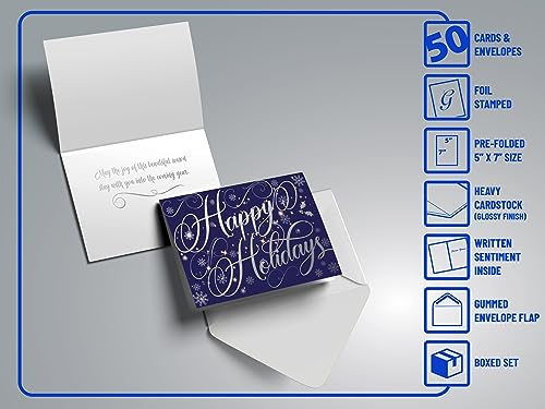 Better Office Products 50 Pack Happy Holidays Cards with Silver Foil Accents, 5