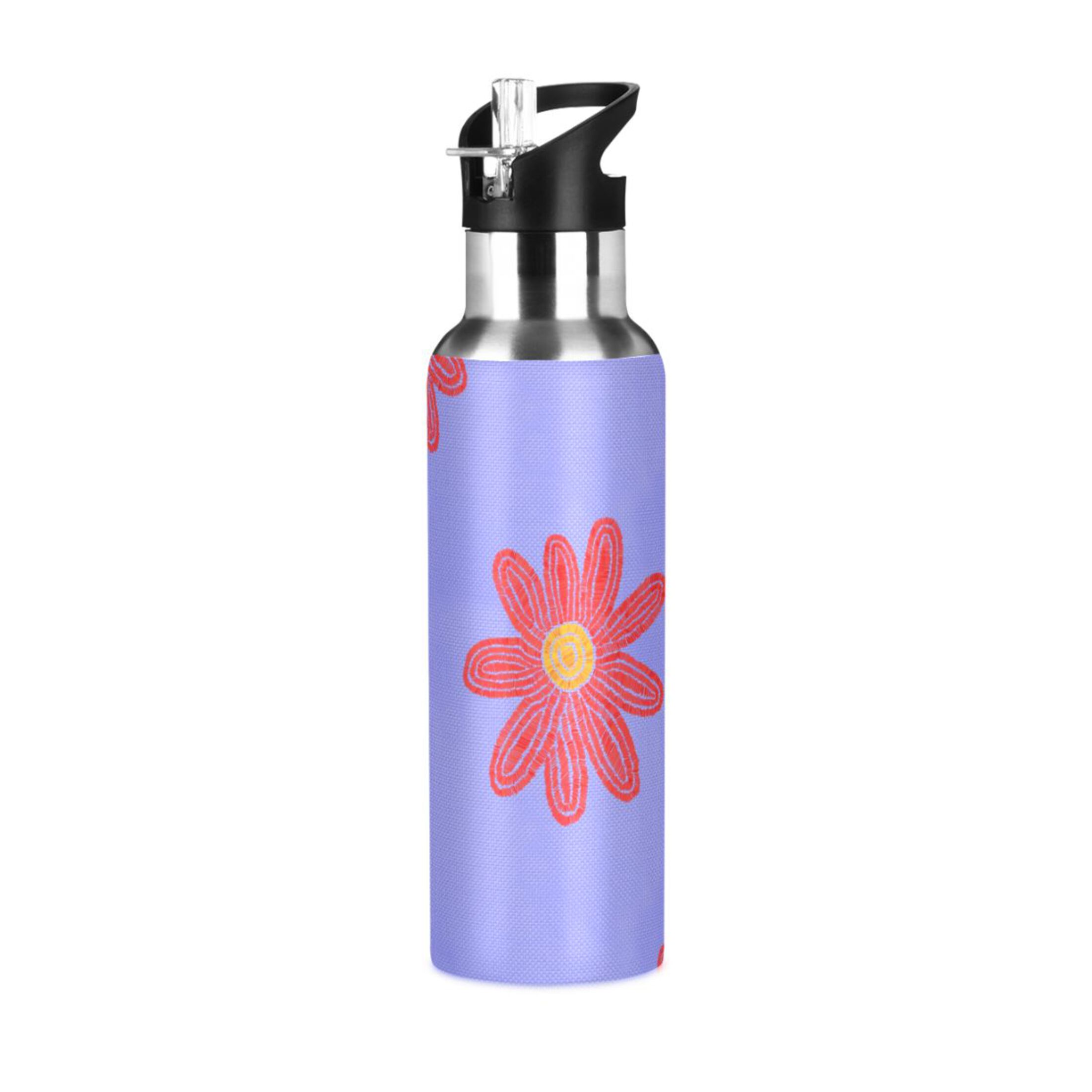 Water Bottle with Straw Lid Leak Red Woven Flowers Stainless Steel Insulated Thermos Vacuum Flask for Cold Hot Drinking for Sports Camping Gym Yoga