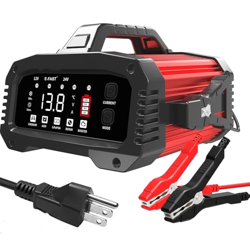 E-FAST 25A Battery Charger, 12/24V All in One Lifepo4 Lead Acid Car Battery Charger, Automotive Jump Starter, Upgraded Trickle Charger, Battery Maintainer for Car Truck Motorcycle Lawn Mower Boat