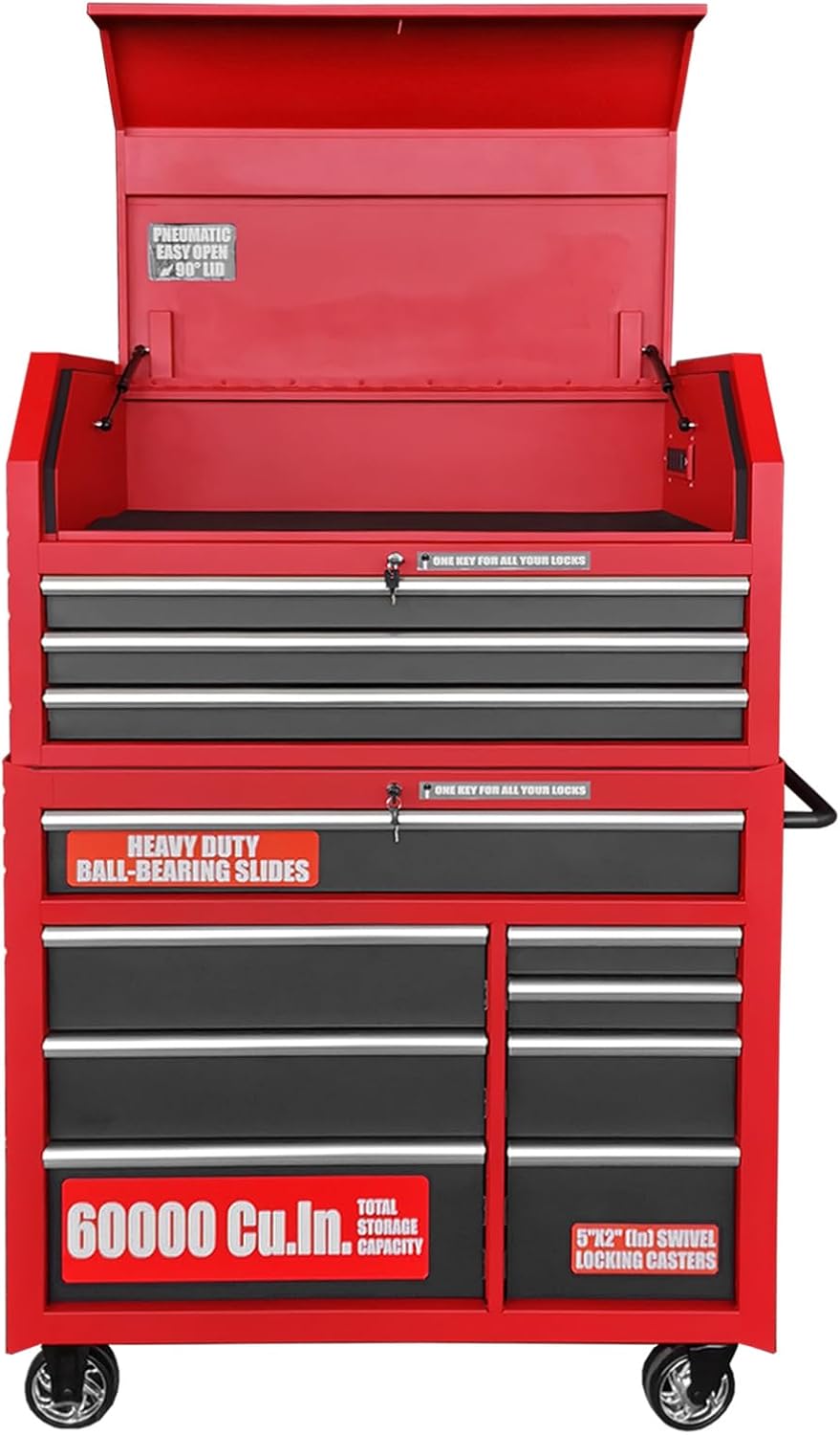 41-Inch Combo-11 Drawers,20-22 Gauge Steel Storage, Perfect for Organizing Your Garage,Warehouse,Or Workshop Heavy-Duty Tool Chest and Cabinet, Black/Red