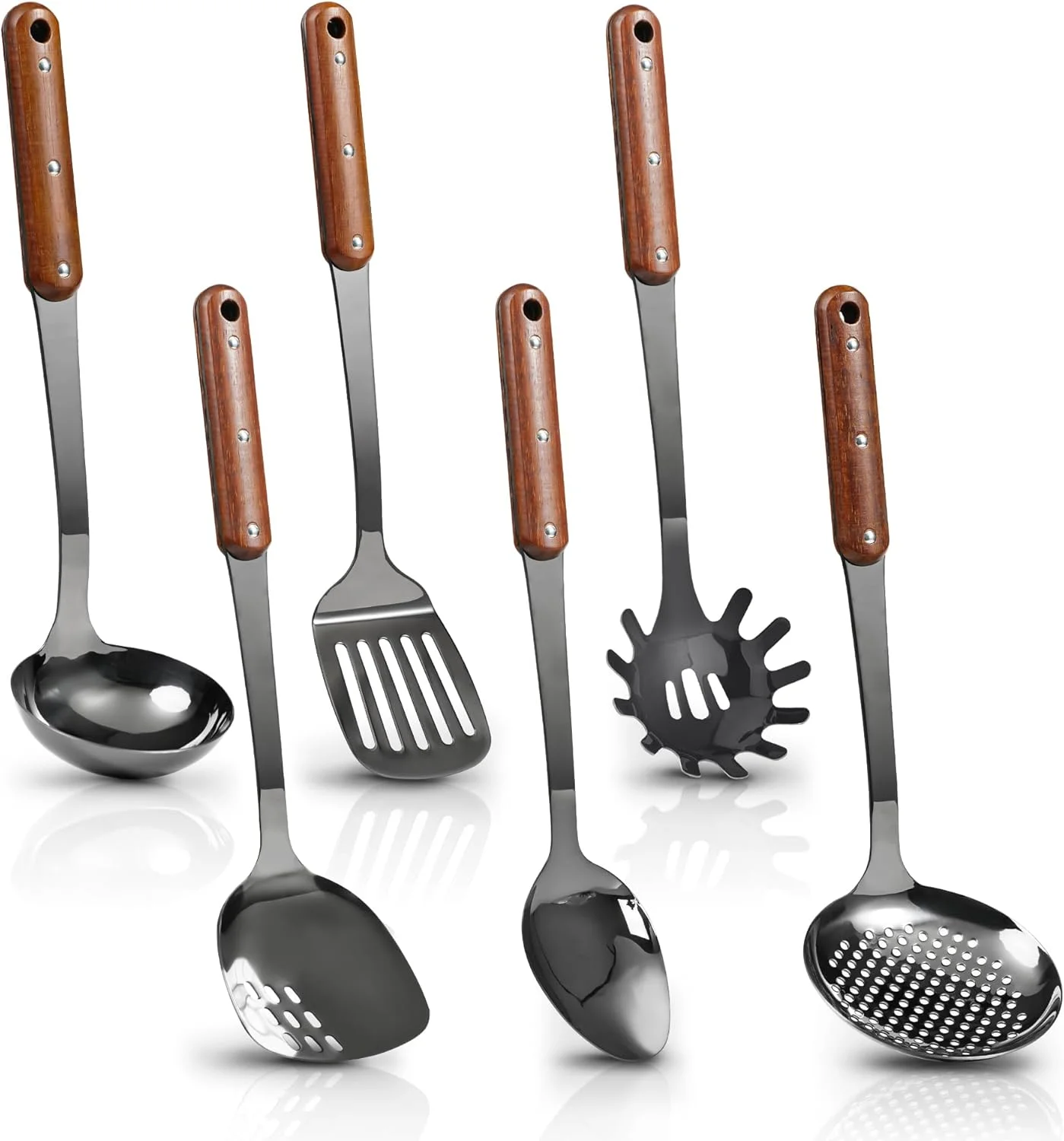 Stainless Steel Cooking Utensils Set, Mirror Polished 6 Pieces Kitchen Utensils Set, Kitchen Tools Set With Wooden Handle Non-Stick Heat Resistant,Dishwasher Safe, Easy to Clean