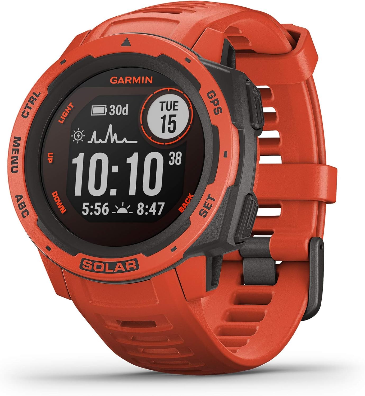 Garmin Instinct Solar, Solar-Powered Rugged Outdoor Smartwatch, Built-in Sports Apps and Health Monitoring, Flame Red (Renewed)