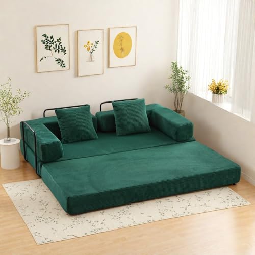 Compression Floor Sofa Bed, Convertible Foldable Sofa with Support Backrest and Armrest, Corduroy Fabric Modular Sectional Couch with 2 Pillows, Legless Floor Mattress, Dark Gray