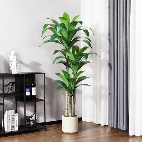 Artificial Dracaena Tree 5ft, Tall Fake Dracaena Plants with White Planter, Faux Dragon Tree Indoor Floor Plant for Home Decor Office Living Room Porch Housewarming, 1Pcs