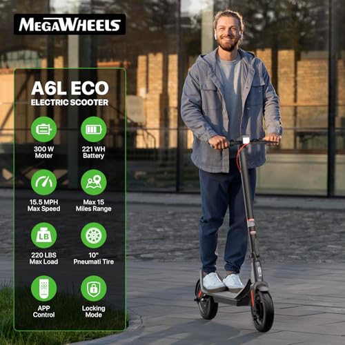 MEGAWHEELS Electric Scooter,350W Electric Scooter for Adults,10in Pneumatic Tires,10.2AH Battery,19 Miles Range,15.5 mph Speed,E Scooter Smart APP Control for Commuting, Short Travel UL2272