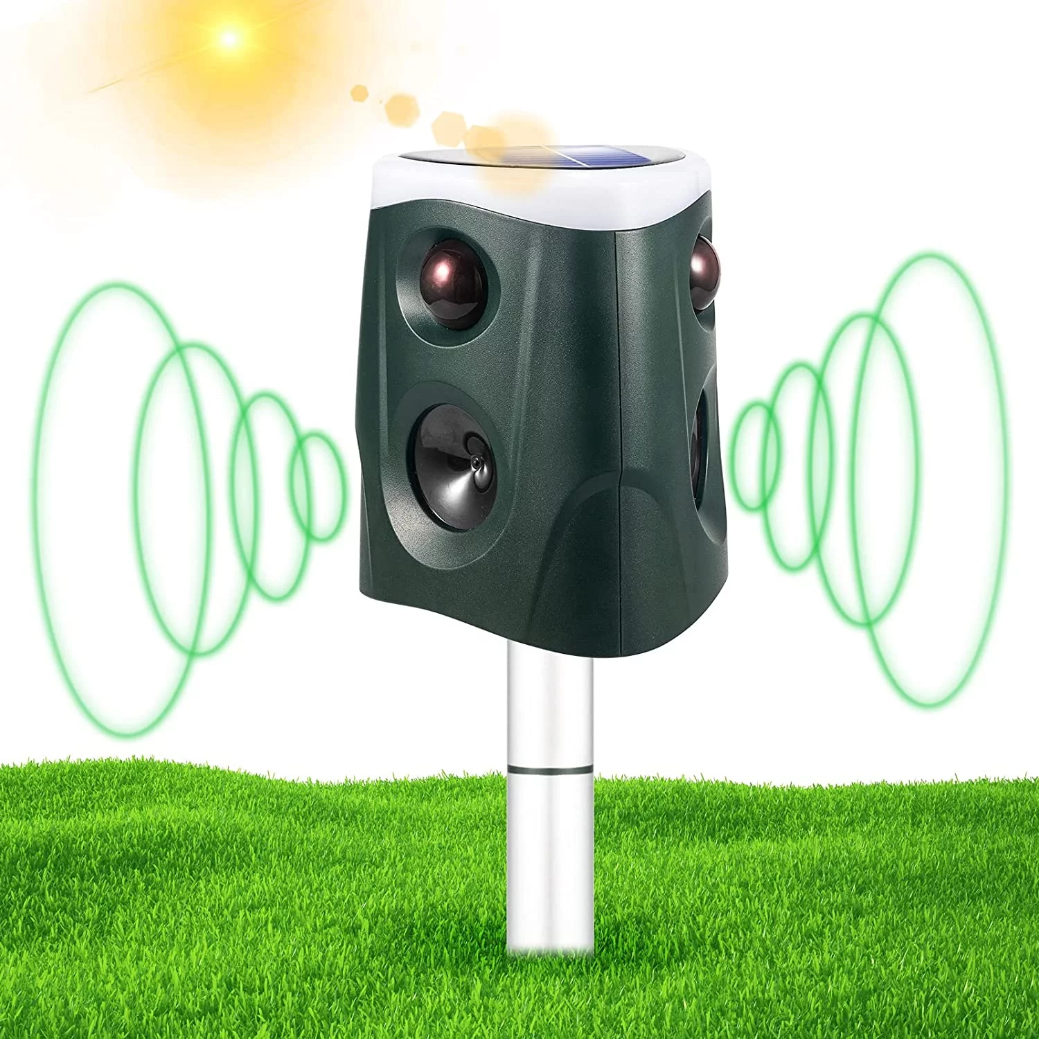 Solar Animal Repeller Ultrasonic Cat Repellent Outdoor Waterproof 360°Animal Deterrent with PIR Sensor & Strobe Light & Alarm Sound Specialized in Repelling Deer Dog Cat Rabbit Fox Raccoon Squirrel