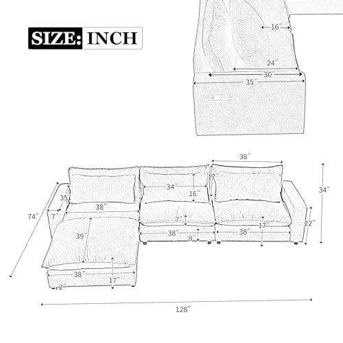 L-Shape Sectional Corner Sofa,with Storage Ottoman & Cup Holders, Saving Modular Combined Type Couch,for Large Space Living Room,Bedroom,Apartment,Office,Brown, 85in