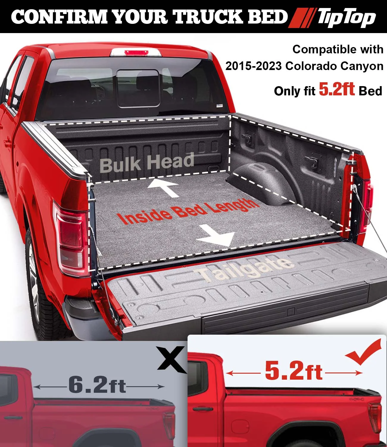 TIPTOP Tri-Fold Hard Tonneau Cover Truck Bed FRP On Top For 2015-2023 Colorado / Canyon 5.2ft Bed (61.7