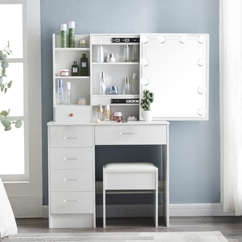 Makeup Vanity Desk with Lighted Mirror & 3 Lighting Modes Adjustable Brightness, Vanity Table with 6 Drawers and Storage Shelves, Vanity Set with Upholstered Stool
