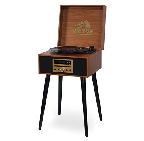 VICTOR Newbury 8-in-1 Turntable Music Center with 3-Speed Record Player, CD/MP3 Player, FM Radio, Dual Bluetooth In & Out, USB Playback & Record, Built-In Stereo Speakers & Chair Height Legs, Espresso