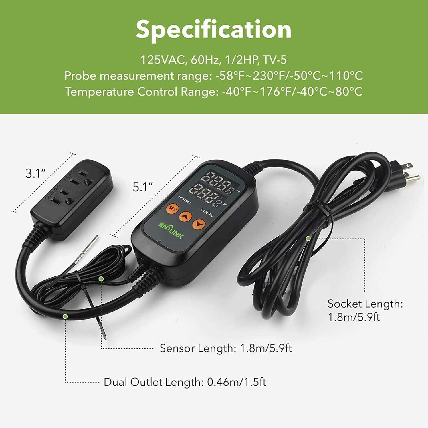 BN-LINK Digital Temperature Controller Heating Cooling 2-Stage Outlet Thermostat Controller Plug for Reptiles Aquarium Carboy Homebrew Breeding - Pet Supplies online store