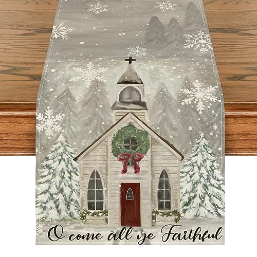 Artoid Mode Church Xmas Trees Snowflakes Merry Christmas Table Runner, Bow Tie Kitchen Dining Table Decoration for Outdoor Home Party 13x72 Inch