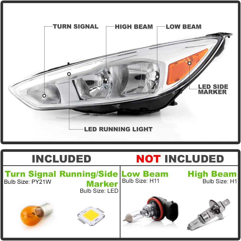 ACANII - For [Halogen Model w/LED DRL] 2015 2016 2017 2018 Ford Focus Chrome Housing Headlights Headlamps Assembly Pair