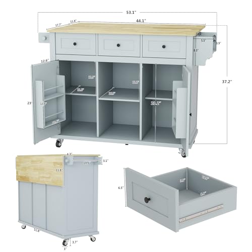 Kitchen Cart on Wheels with Drop Leaf,Rolling Kitchen Island with Storage Cabinet and 3 Drawers,Spice Rack,Towel Rack,Island Table for Kitchen,Living Room,Dining Room (Grey Blue)