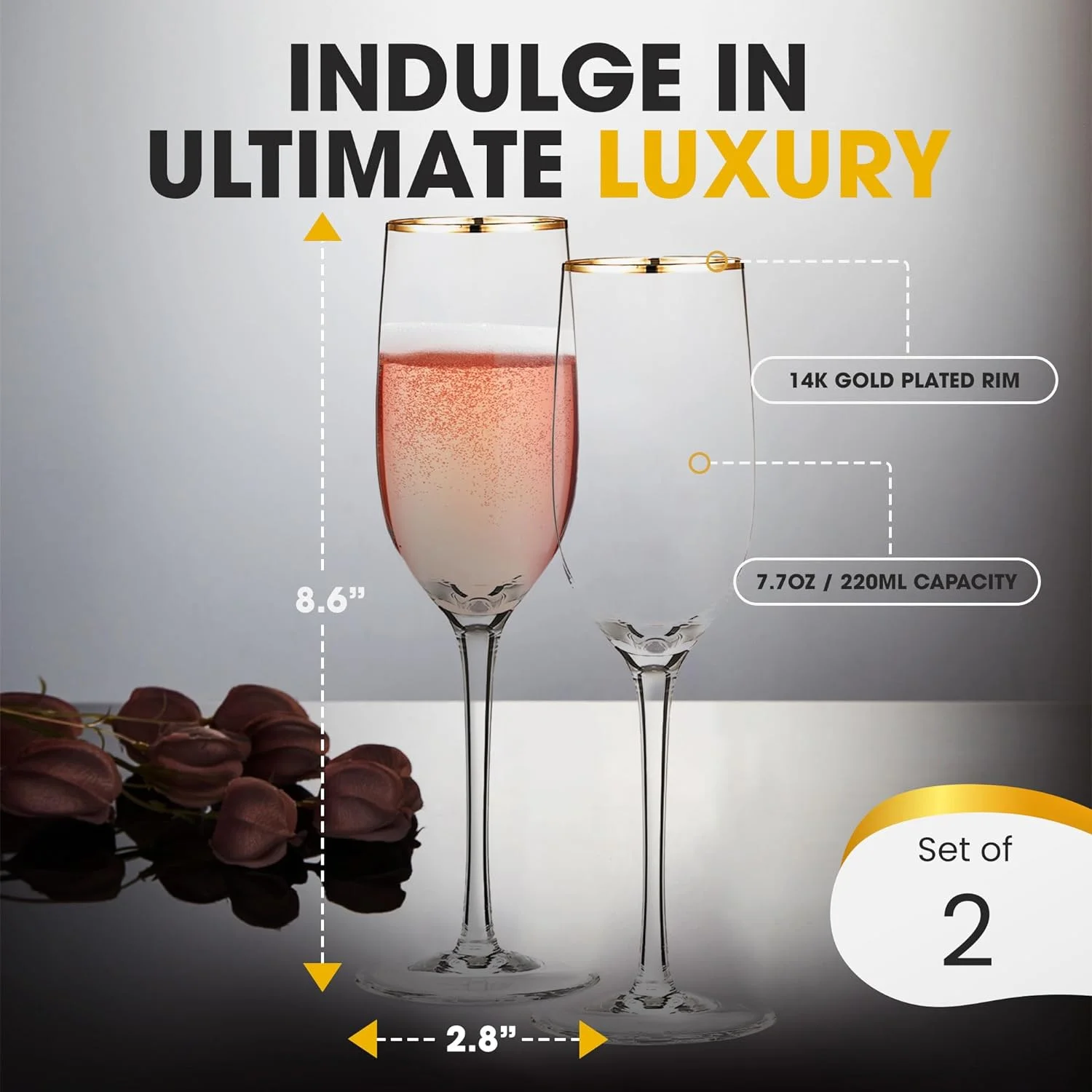 Premium Champagne Flutes - Crystal Champagne Glasses With Rim - 7.7 Oz Each (Set Of 2)