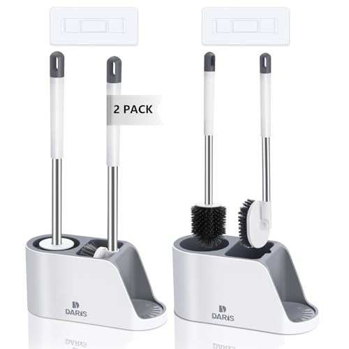 DARISHM 2-Way Toilet Brush with Ventilated Holder Silicone and Bristle Brushes for Toilet Cleaning Device with a Holder with Aluminum Handle