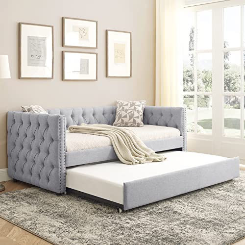 KIVENJAJA Twin Size Daybed with Trundle, Linen Fabric Upholstered Day Bed Frame Sofa Bed with Button Tufted & Nail Trimming for Living Room Guest Room (Twin, Beige)