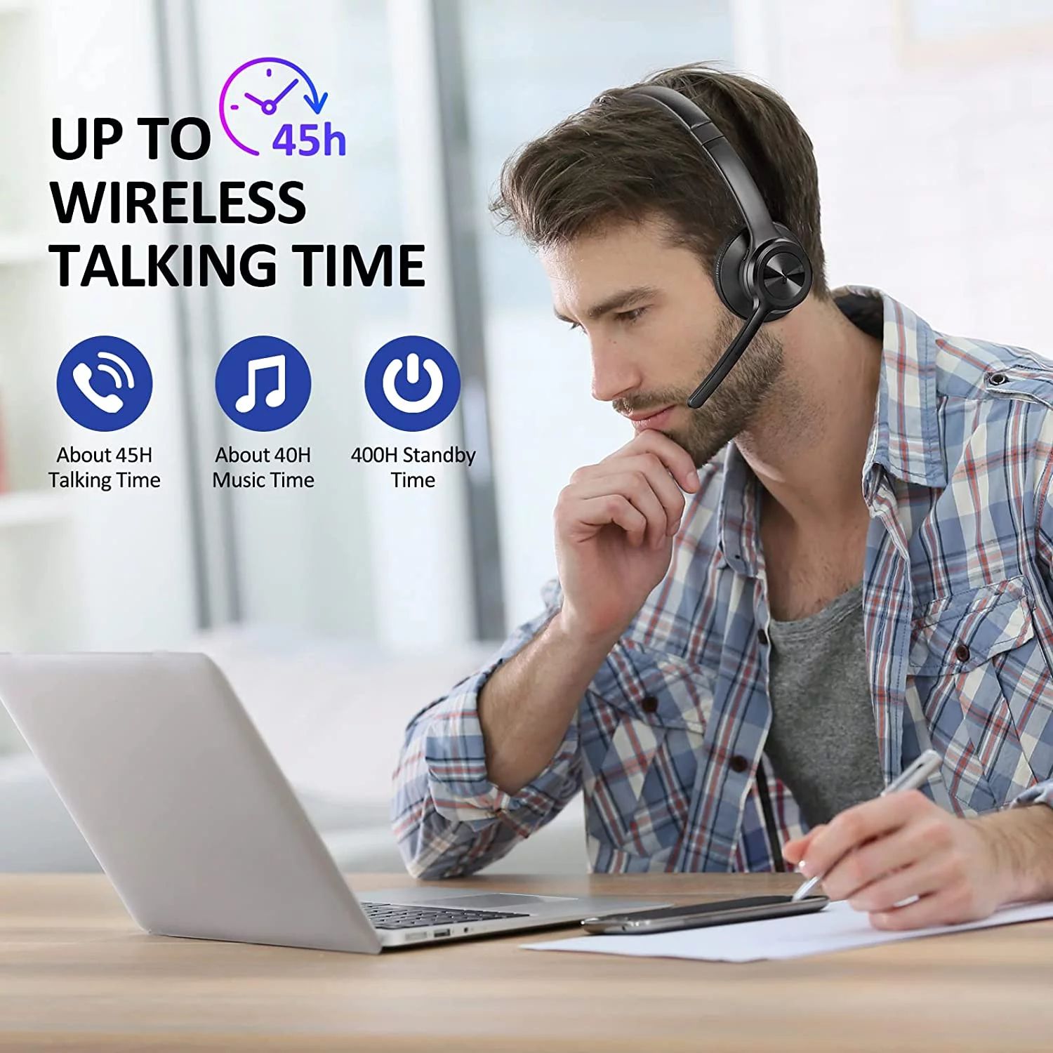 Bluetooth Headset V5.2, Wireless Headphones with Noise Cancelling Microphone, On Ear Wireless Headset for Cell Phones Laptop Computer