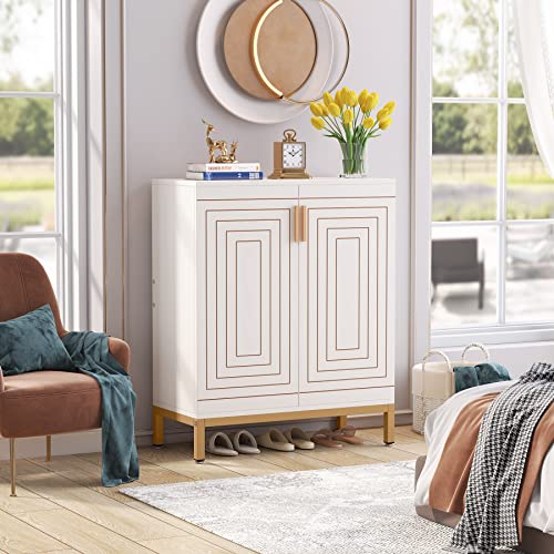 Shoe Cabinet with Doors, 20 Pairs Entryway Shoe Storage Cabinet Modern Storage Organizer for Closet, Living Room, Bedroom (White/Gold)