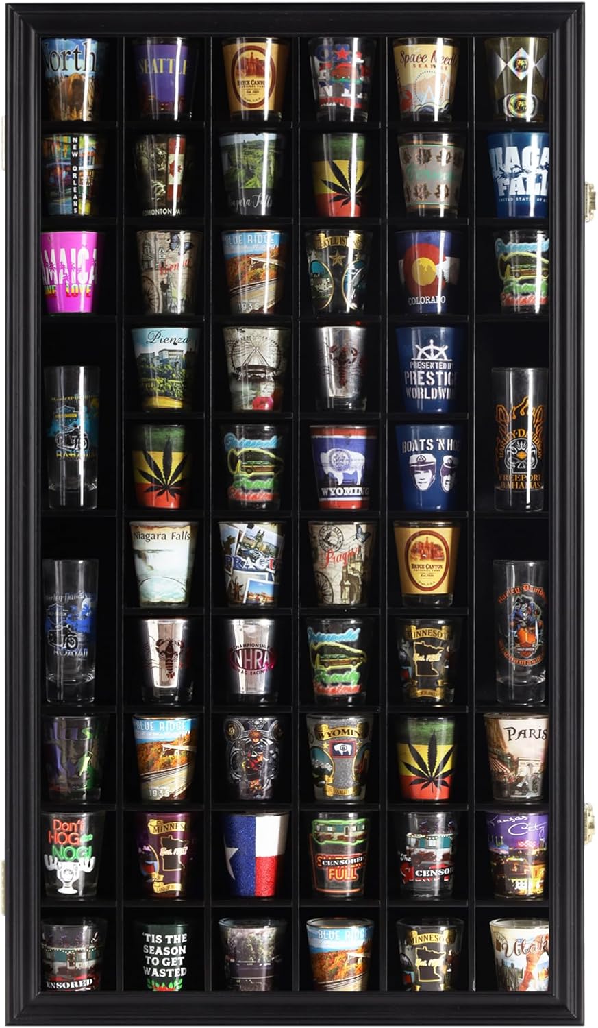 Shot Glass Display Case Cabinet Wall Rack Holder Shadow Box Lockable with UV Protection Acrylic Glass Door Shot Glass Collection Display with 56 Slots Black
