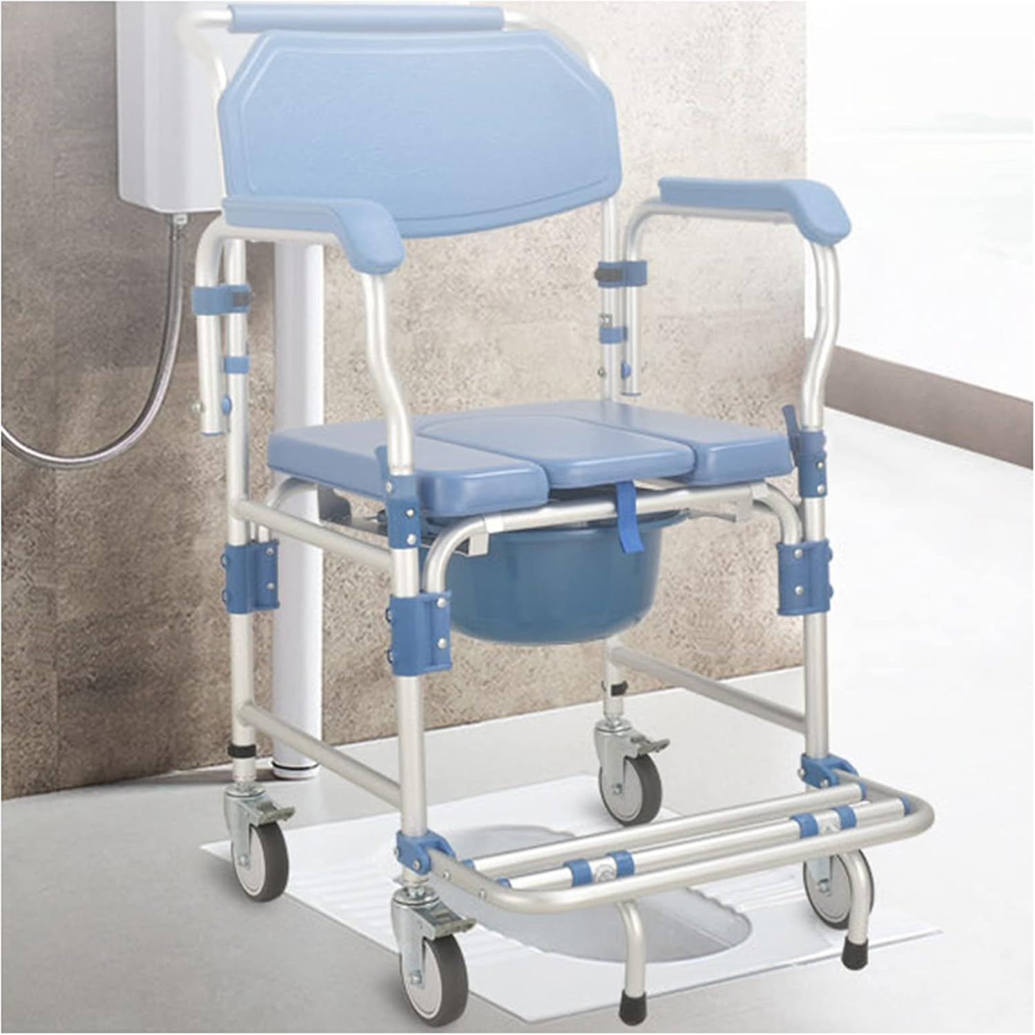 Rolling Showerchair, Wheelchair with Built-in Toilet, Wheelchair Shower Transport Chair/Bathroom Bath Stool for Elder, 4 Wheel Brakes(360°)